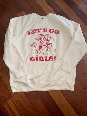 PINK Victorias Secret GO GIRLS Graphic Crewneck Sweater - Cream with Red Print
